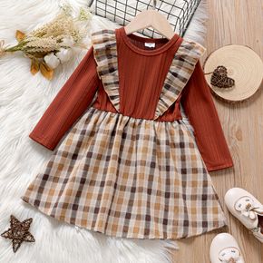 Toddler Girl Faux-two Ruffled Plaid Splice Long-sleeve Dress