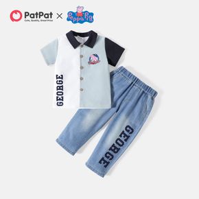 Peppa Pig 2pcs Toddler Boy Colorblock Lapel Collar Short-sleeve Cotton Shirt and Denim Jeans Set