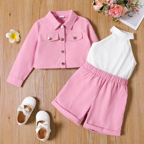 2pcs Toddler Girl Colorblock Splice Halter Rompers and Lapel Collar Pink Jacket Set