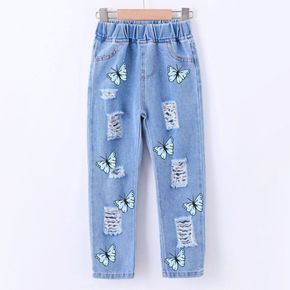 Kid Girl Butterfly Print Straight Ripped Denim Jeans