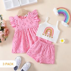 3-Pack Baby Girl 95% Cotton Rainbow Print Cami Top and Pink Eyelet Embroidered Shorts with Flutter-sleeve Dress Set