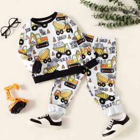 2pcs Toddler Boy Vehicle Allover Print Pullover Sweatshirt and Elasticized Pants set