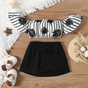 2pcs Baby Girl 100% Cotton Bow Front Skirt and Floral Print Striped Strapless Off Shoulder Short-sleeve Crop Top Set