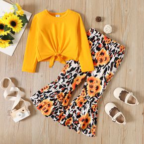 2pcs Toddler Girl Tie Knot Long-sleeve Tee and Floral Print Flared Pants Set