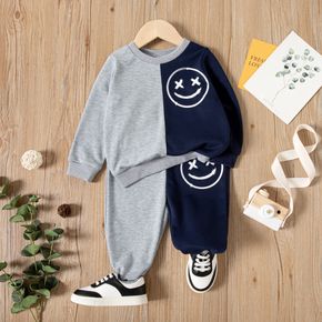 2pcs Toddler Boy Emojis Print Colorblock Sweatshirt and Pants Casual Set