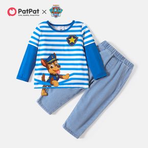 PAW Patrol 2pcs Toddler Boy Patch Embroidered Striped Long-sleeve Tee and Denim Jeans Set