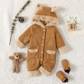 Baby Boy/Girl Thickened Thermal Lined Suede Long-sleeve 3D Ears Hooded Button Front Jumpsuit