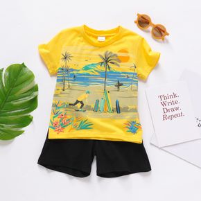 Toddler Boy 2pcs Beach Short-sleeve Yellow T-shirt Top and Solid Black Shorts Set