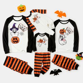 Conjuntos de pijamas listrados com estampa de letras e fantasmas de manga raglan combinando com família de halloween (resistente a chamas)