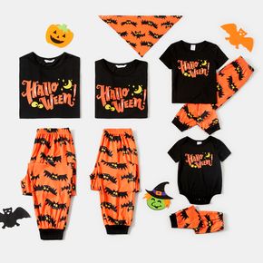 Conjuntos de pijama de manga curta com estampa de letras e morcegos combinando com a família de halloween (resistente a chamas)