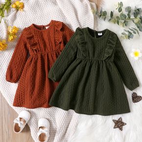 Toddler Girl Cable Knit Textured Ruffled Solid Color Long-sleeve Dress