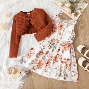 2pcs Toddler Girl Floral Print Sleeveless Dress and Ruffled Brown Cardigan Set