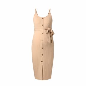 Maternity Khaki Ribbed Button Up Belted Slip Dress