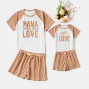 Letter Print Khaki Raglan-sleeve Waffle T-shirts and Shorts Sets for Mom and Me
