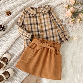 2pcs Toddler Girl Doll Collar Plaid Long-sleeve Blouse and Pocket design Belted Brown Skirt Set