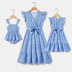 Blue Floral Print Flutter-sleeve Surplice Neck Belted Dress for Mom and Me