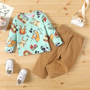 2pcs Baby Boy 100% Cotton Pants and Allover Cartoon Animal Print Long-sleeve T-shirt Set