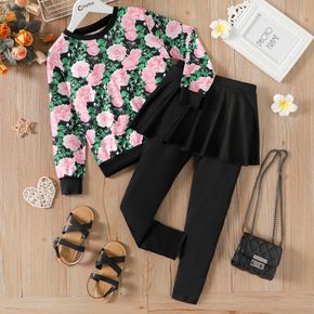 2pcs Kid Floral Print Pullover Sweatshirt and Black Skirt Leggings Set
