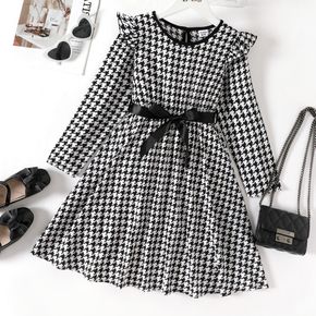 Kid Girl Elegant Houndstooth Print Ruffled Belted Long-sleeve Dress