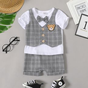 2pcs Baby Boy 100% Cotton Short-sleeve Faux-two Waistcoat Top and Shorts Set