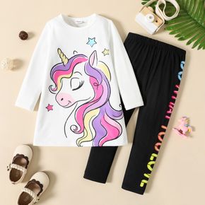2pcs Toddler Girl Unicorn Print Long-sleeve White Tee and Letter Print Black Leggings Set