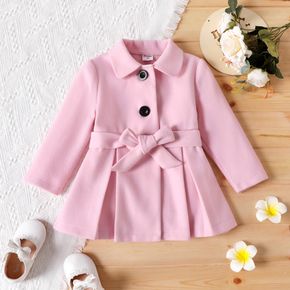 Toddler Girl Sweet Lapel Collar Button Design Belted Pleated Pink Blend Coat