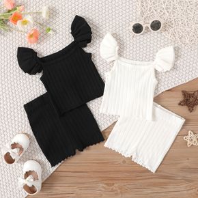 2pcs Baby Girl Solid Rib Knit Flutter-sleeve Top and Shorts Set