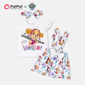 PAW Patrol 3pcs Toddler Girl Letter Print Flutter-sleeve White Tee and Bowknot Design Suspender Skirt and Headband Set