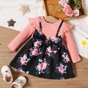 Baby Girl Rib Knit Ruffle Long-sleeve Spliced Floral Print Bow Front Dress
