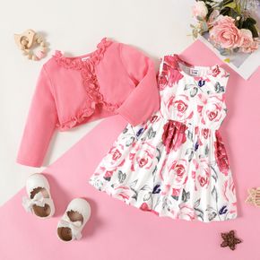 2pcs Baby Girl Solid Frill Trim Long-sleeve Cardigan and Allover Floral Print Tank Dress Set