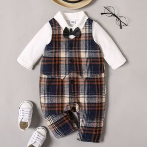 Baby Boy 95% Cotton Long-sleeve Plaid Faux-two Gentleman Waistcoat Jumpsuit