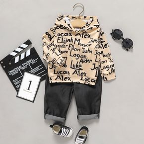 2pcs Baby Boy Allover Letter Print Long-sleeve Hoodie and Solid Pants Set