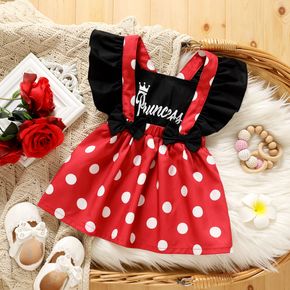Baby Girl 100% Cotton Ruffle Trim Bowknot Letter Print Spliced Polka Dots Overall Dress
