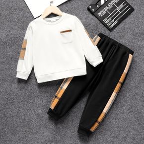 2pcs Toddler Boy Plaid Colorblock Pocket Design Sweatshirt and Black Pants Set