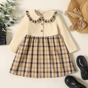 Toddler Girl Doll Collar Plaid Splice Button Design Long-sleeve Dress