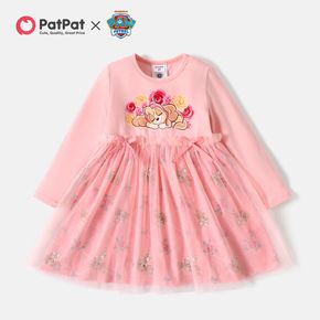 PAW Patrol Toddler Girl Letter Print Bowknot Mesh Design Long-sleeve Pink Cotton Dress
