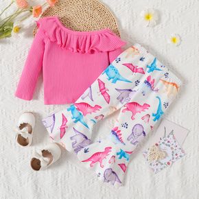 2pcs Baby Girl Rib Knit Ruffle Trim One Shoulder Long-sleeve Top and Allover Dinosaur Print Flared Pants Set