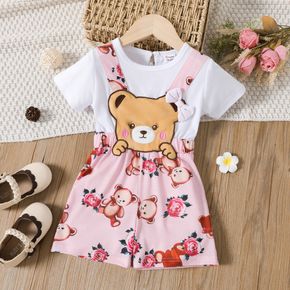 Toddler Girl Faux-two Cute Bear Floral Print Bowknot Design Short-sleeve Rompers