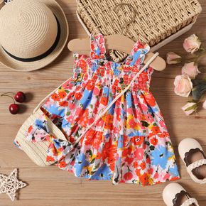 2pcs Baby Girl Allover Floral Print Frill Trim Chiffon Tank Dress with Crossbody Bag Set
