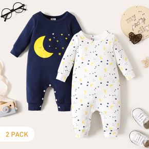 Conjunto de 2 conjuntos bebê menino/menina 95% algodão manga longa allover estrelas e conjunto de macacões com estampa de lua