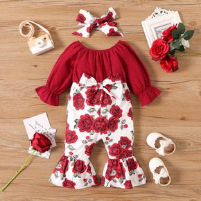 2pcs Baby Girl 100% Cotton Long-sleeve Solid Spliced Rose Floral Print Bow Front Bell Bottom Jumpsuit with Headband Set