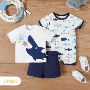 3-Pack Baby Boy 95% Cotton Short-sleeve Cartoon Shark Print Set