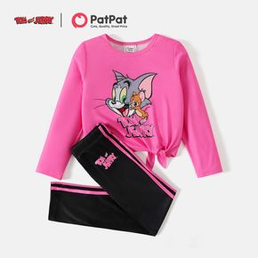 Tom and Jerry 2pcs Kid Girl Letter Print Tie Knot Long-sleeve Pink Tee and Striped Pants Set