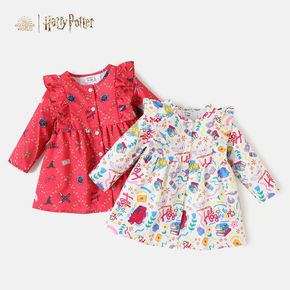 Harry Potter Baby Girl Allover Print Button Front Ruffle Trim Long-sleeve Dress
