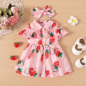 Baby Girl Button Front Allover Strawberry Print Pink Cold Shoulder Ruffle Trim Tank Dress