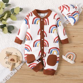 2pcs Baby Boy/Girl Allover Rainbow Print Long-sleeve Snap Jumpsuit with Hat Set