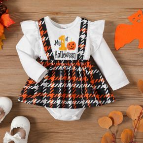 Halloween Baby Girl Pumpkin & Letter Print Spliced Houndstooth Faux-two Ruffle Trim Long-sleeve Romper