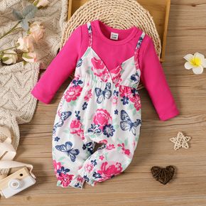 Baby Girl Long-sleeve Rib Knit Spliced Allover Butterfly & Floral Print Jumpsuit