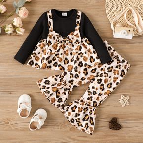 2pcs Baby Girl Rib Knit Long-sleeve Spliced Leopard Bow Front Top and Flared Pants Set