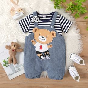 2pcs Baby Boy 100% Cotton Soccer Bear Design Denim Overalls Shorts and Striped Short-sleeve Tee Set
